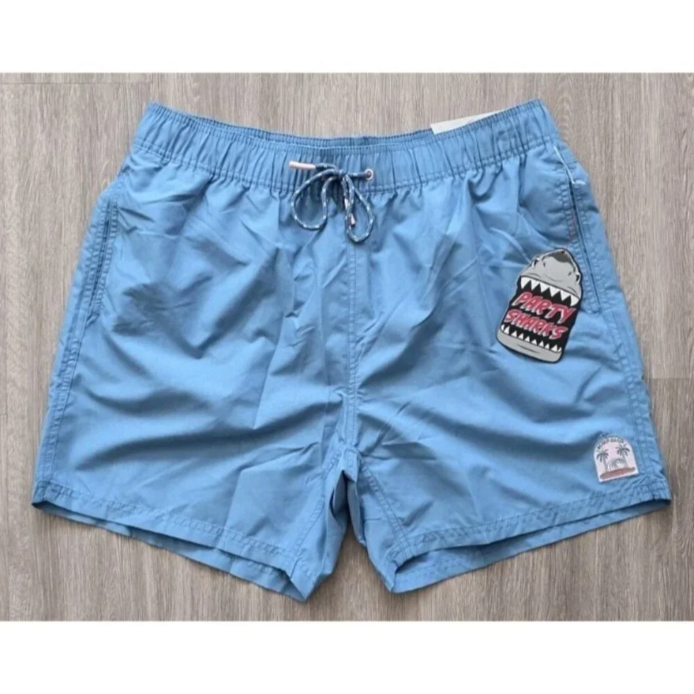 Party Sharks Swim Trunks XL Blue Graphic Beach Shorts‎ Mesh Lined